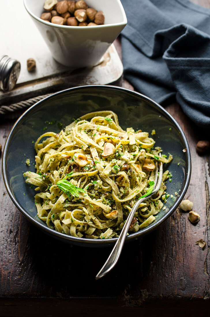 Pasta with celery and hazelnut pesto