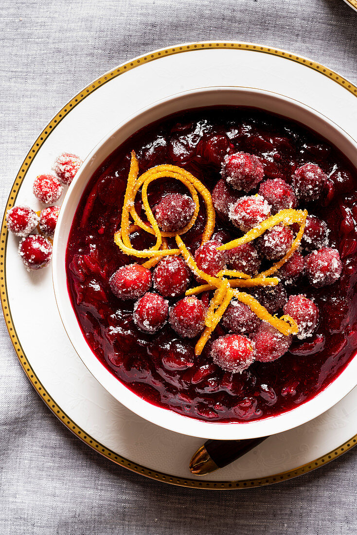 Cranberry Sauce with sugared cranberries and orange peel on top