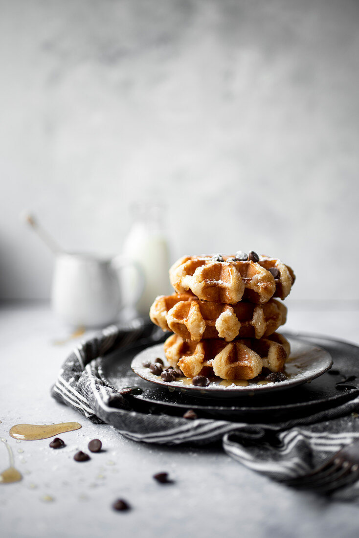 Breakfast Sugar Waffles With Chocolate Chips and Honey Drizzle0