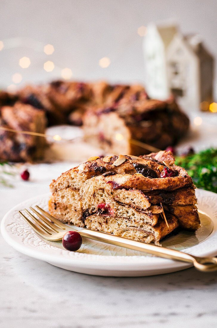 Chocolate Cranberry Almond Wreath Bread