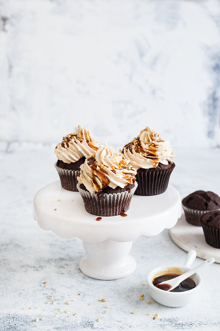 Chocolate cupcakes with caramel frosting