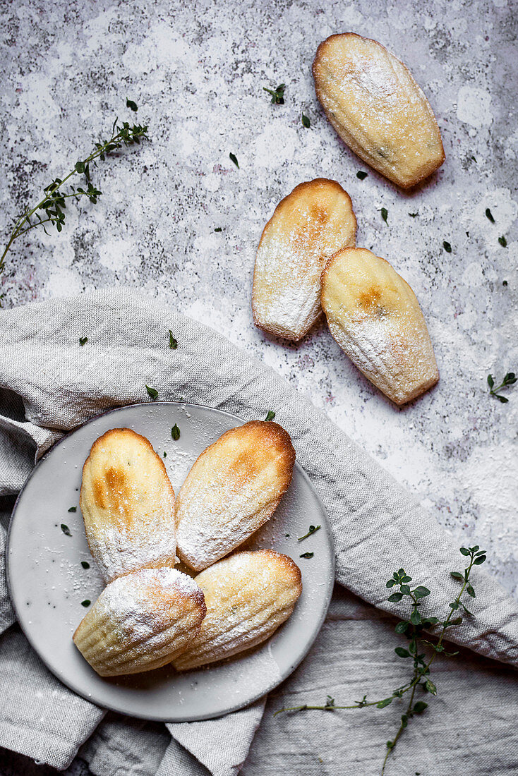 Lemon And Thyme Madeleines On A Plate With Thyme Sprigs