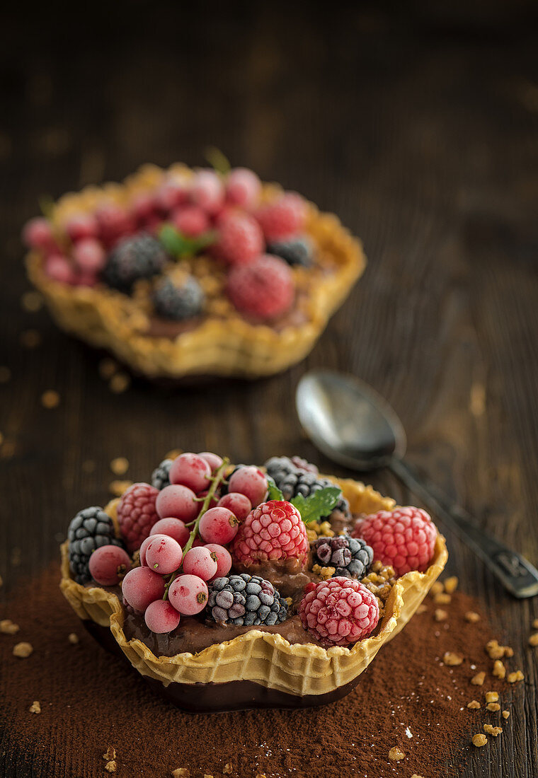 Chocolate cream with frozen berries in a waffle bowl