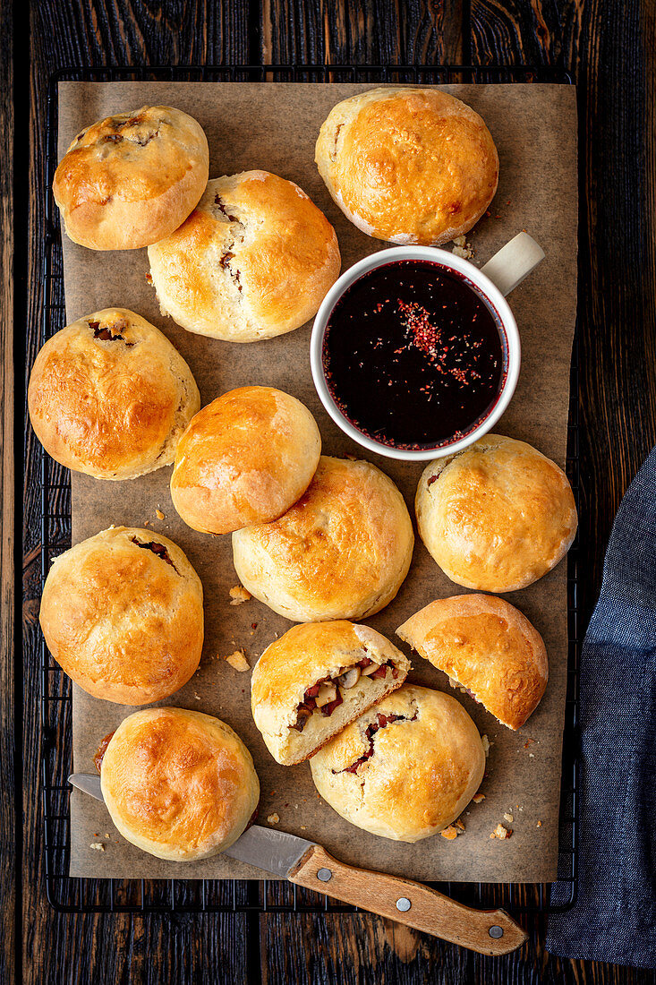 Yeast buns with mushroom and sausage, beetroot soup