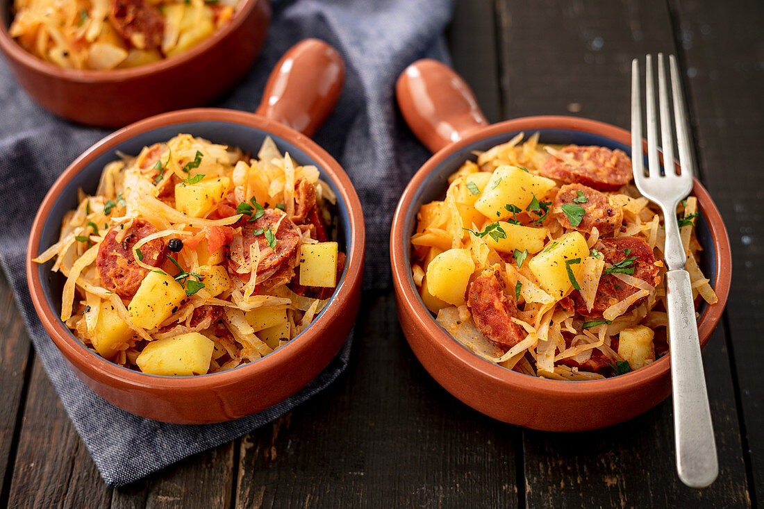 Cabbage with potatoes and chorizo