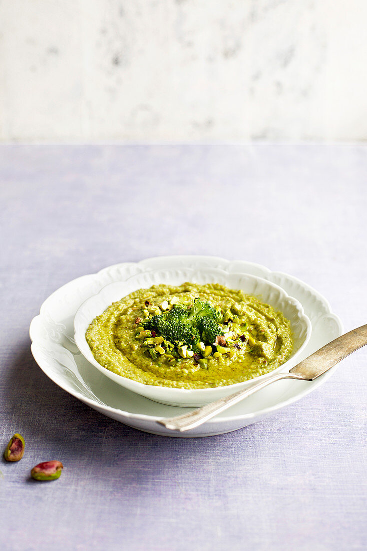 Broccoli and pistachio pesto in a small bowl