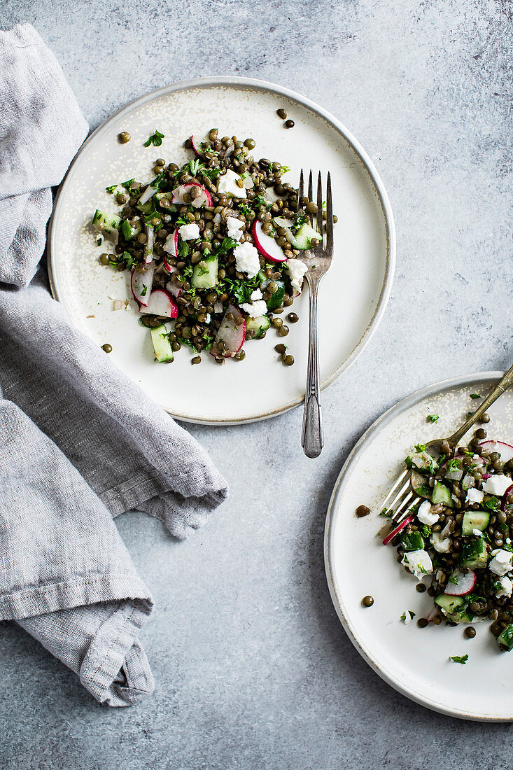 Radish, lime, cucumber and quinoa salad, served with soft cheese