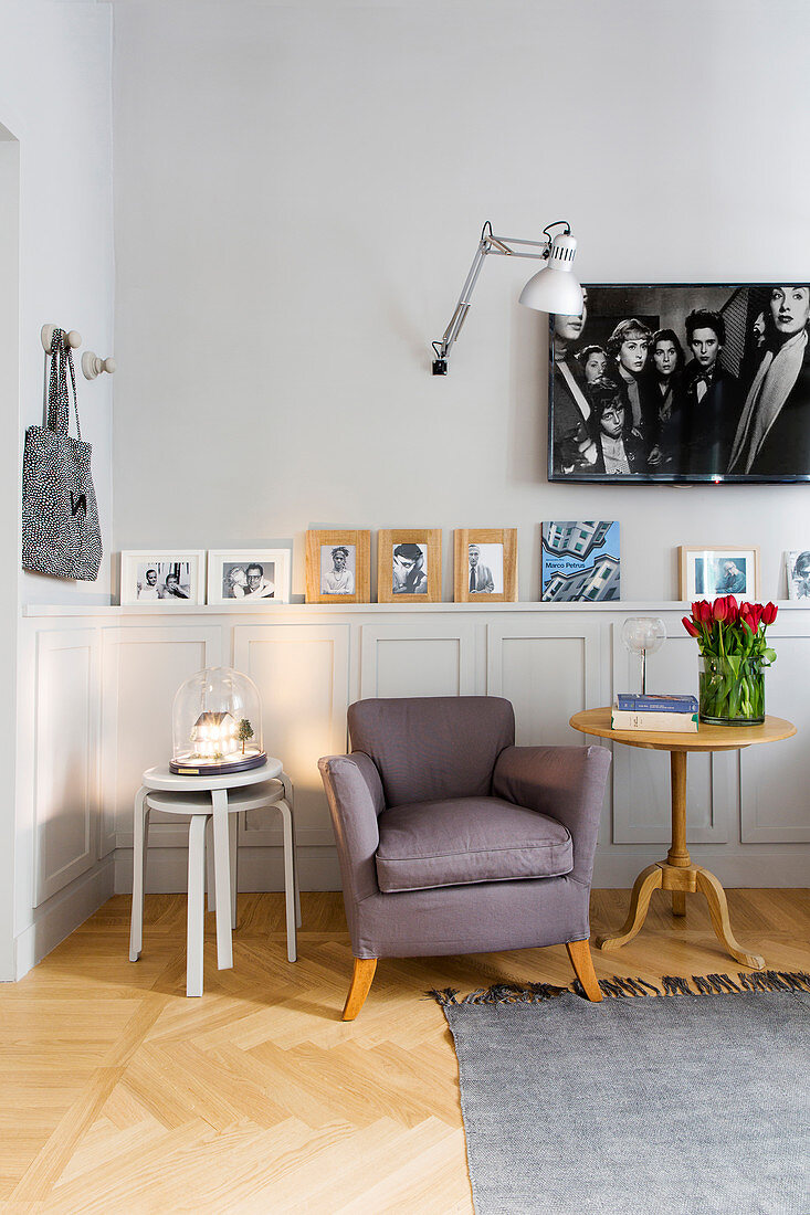 Wainscoting in living room in shades of grey