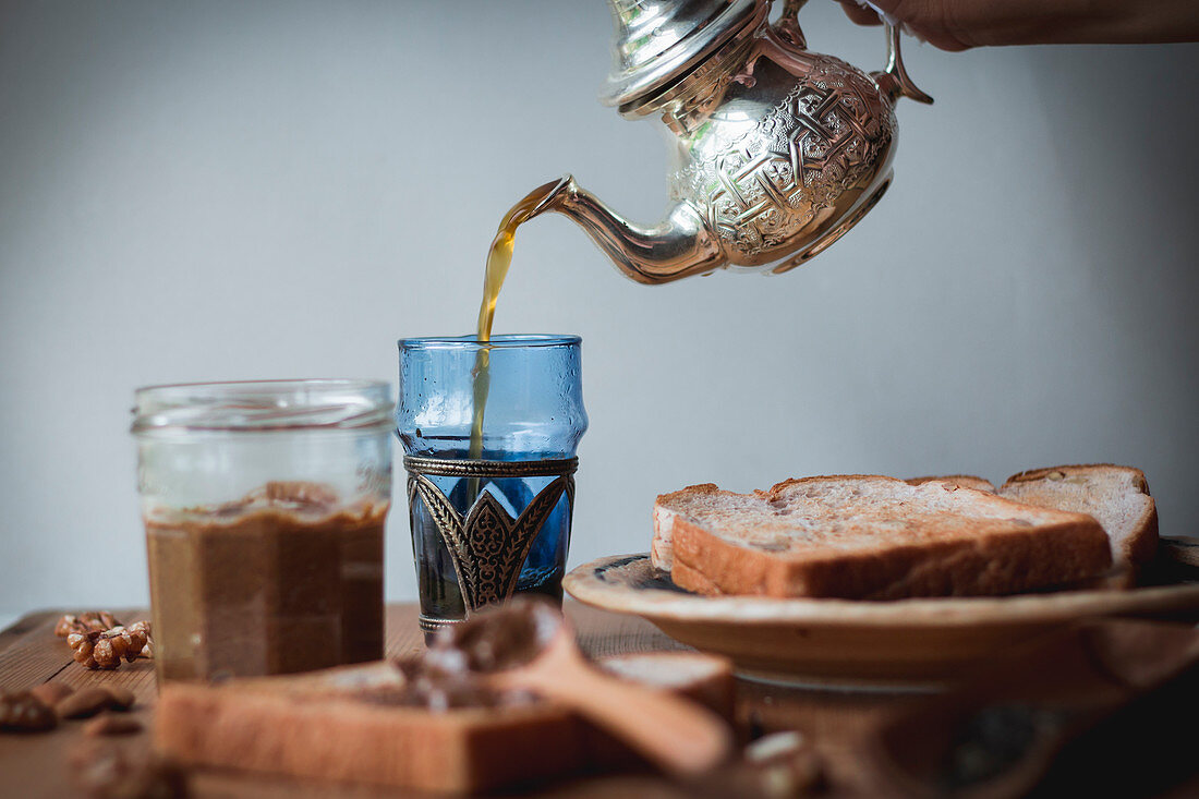 Moroccan tea with amlou (spread) and bread