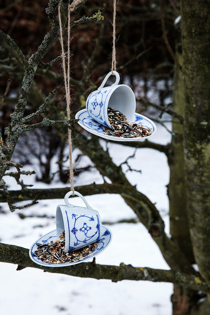 DIY bird feeders made from teacups and saucers