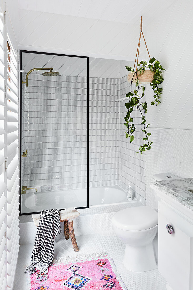 Tub-shower combo with glass screen and devil's ivy in small bathroom