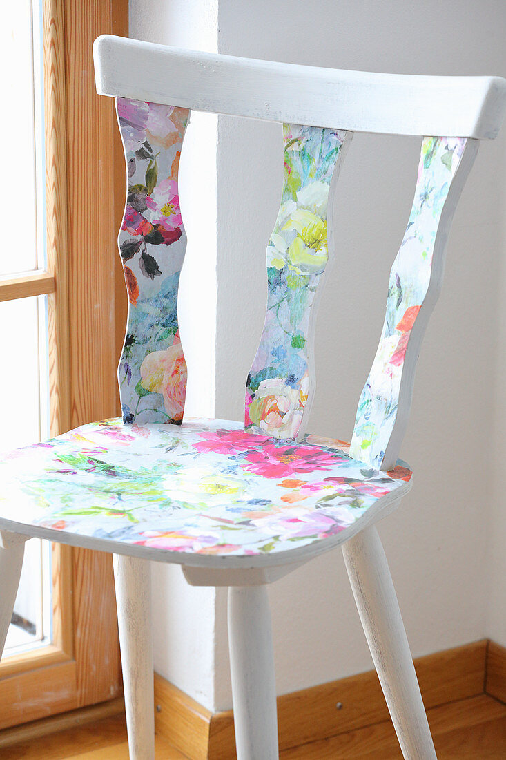 Redesign: wooden chair covered with floral wallpaper