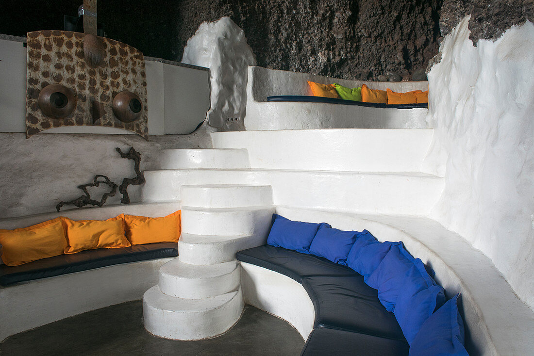 Living room of Villa Lagomar, Lanzarote, built into a cliff