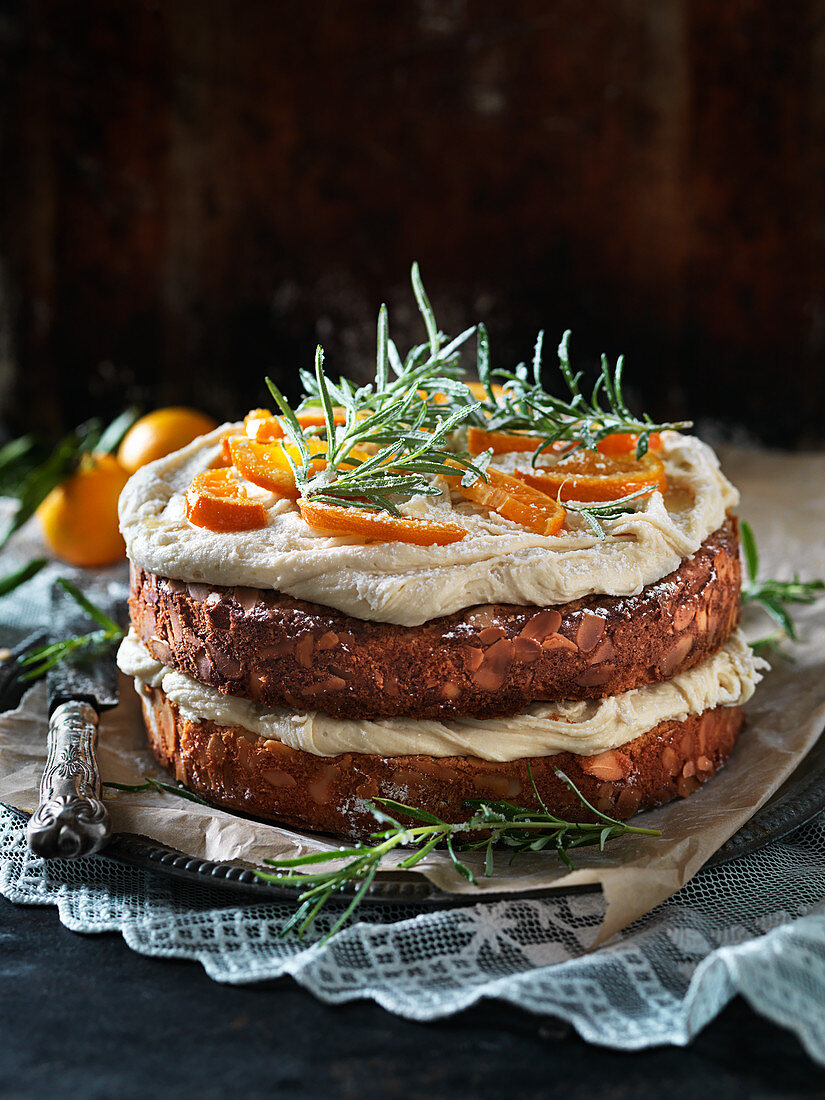 Christmas cake with oranges, rosemary and almonds