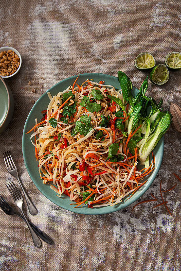 Rice noodle salad with bean sprouts, coriander, carrots, red pepper and pak choi