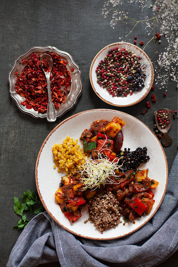 Ratatouille with lentils, buckwheat and pearl