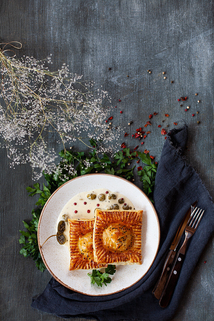 Puff pastry with trout lemon sauce and capers