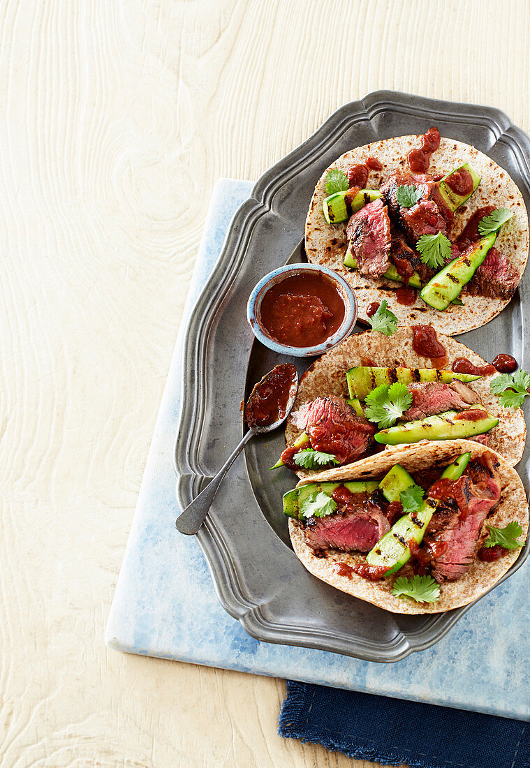 Spicy steak rotis with tamarind and grilled cucumber