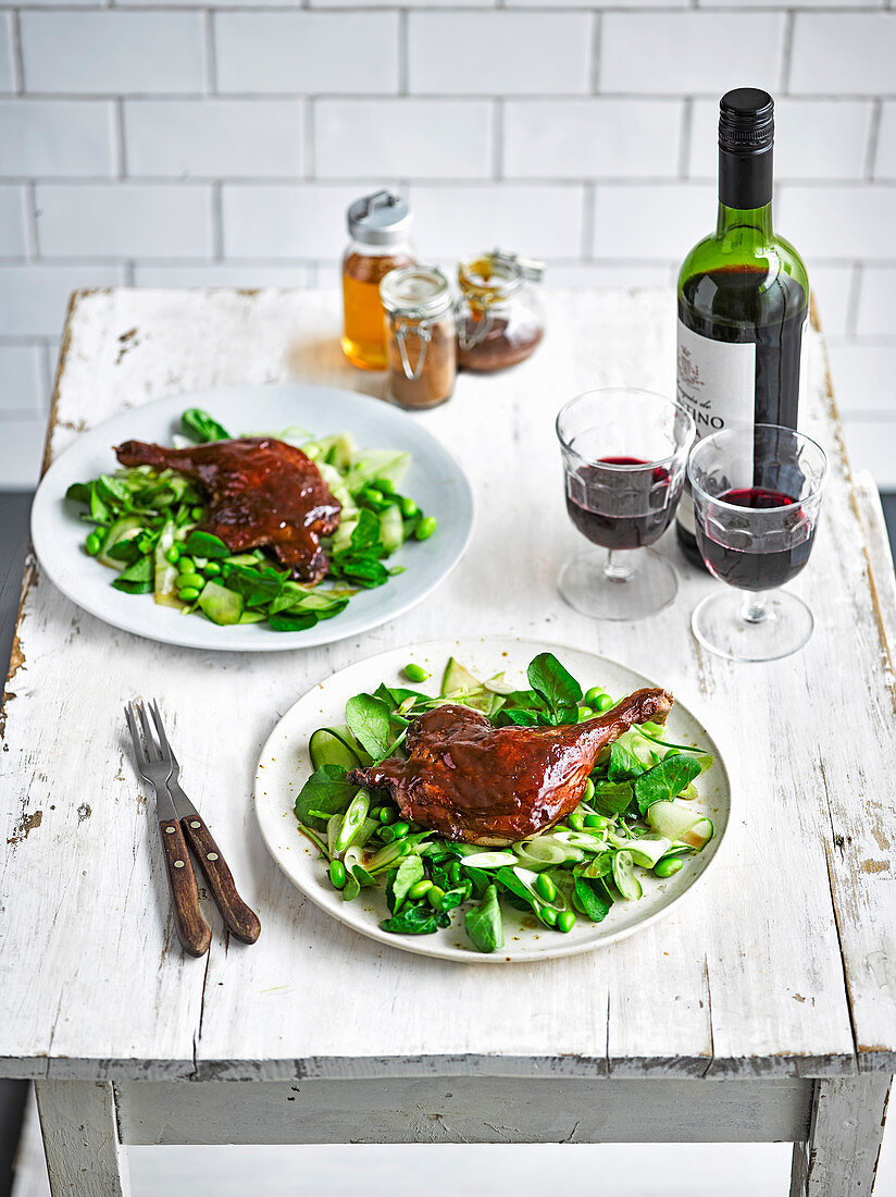 Sticky duck with cucumber and spring onion salad