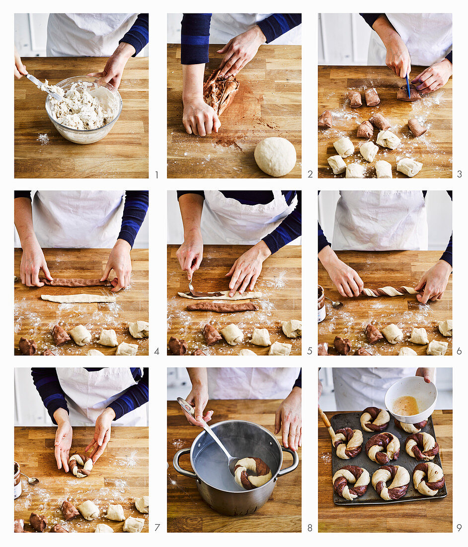 Preparing marbled chocolate cream bagels