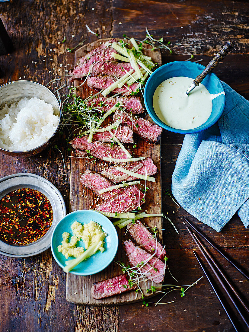 Seared sirloin steak with Japanese dips