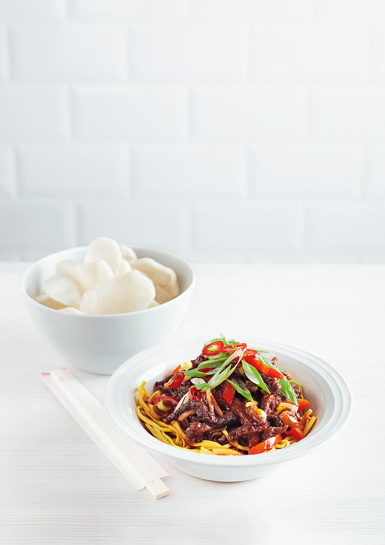 Crispy chilli beef wok with Asian noddles