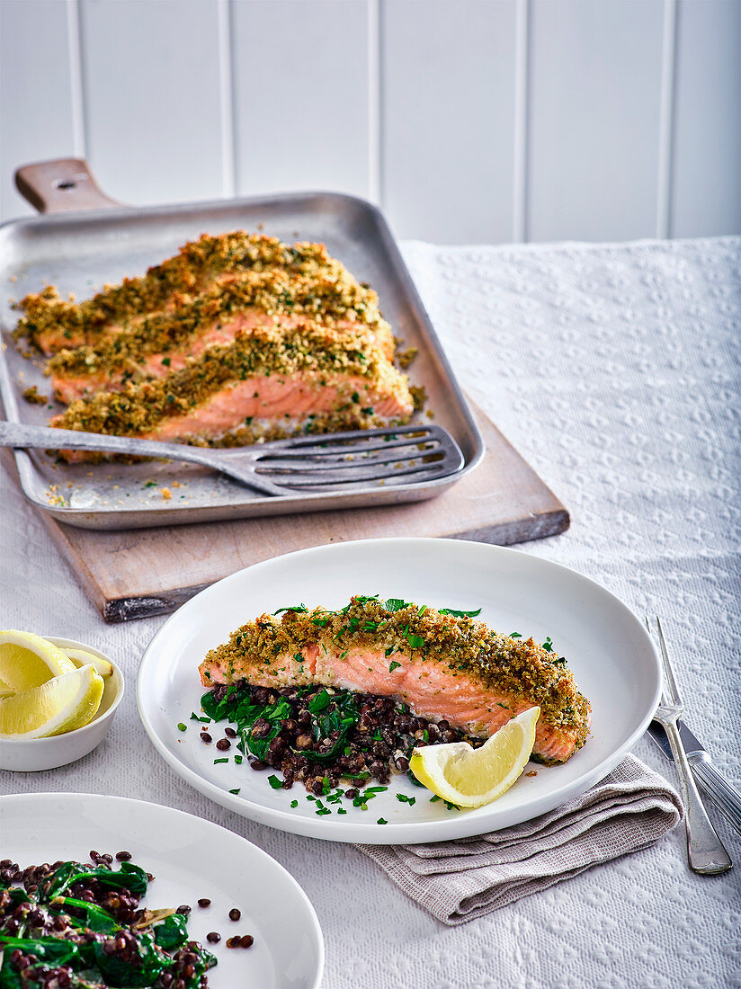 Gremolata-crusted salmon with lentils and spinach