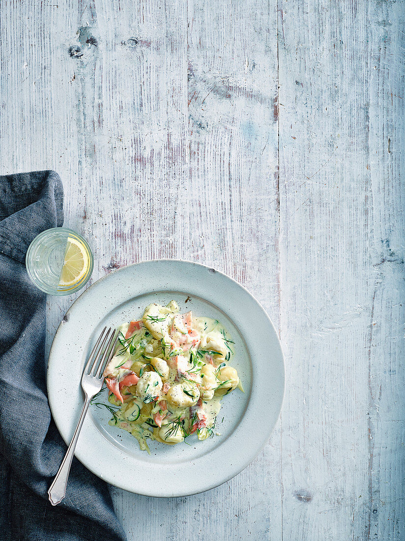 Creamy gnocchi with smoked trout and dill