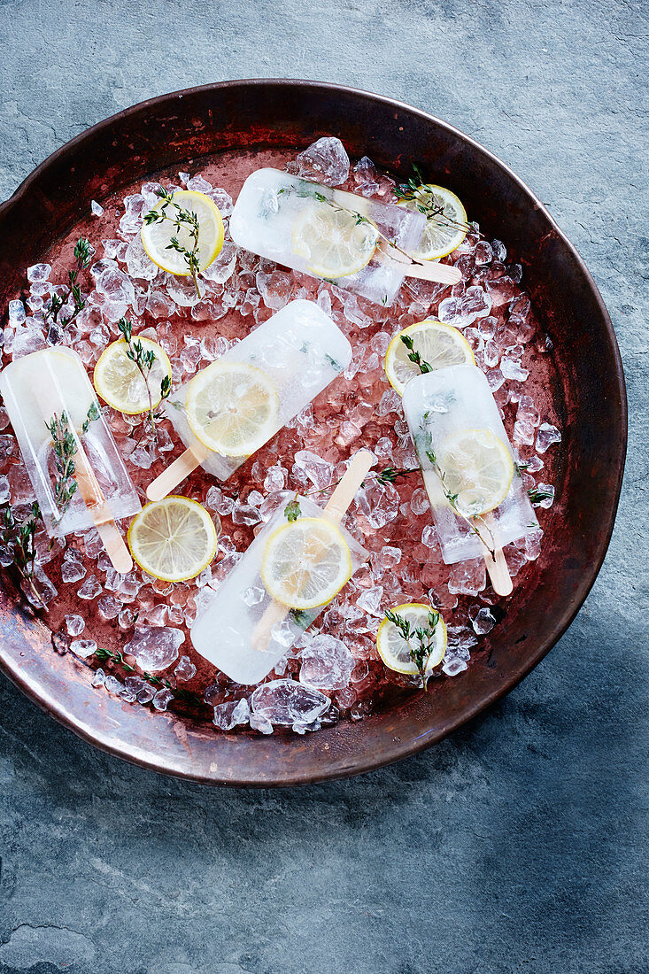 Thyme, elderflower and lemon ice lollies