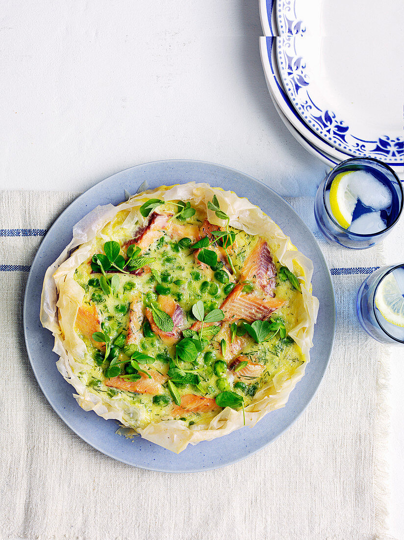 Trout and broad bean filo tart