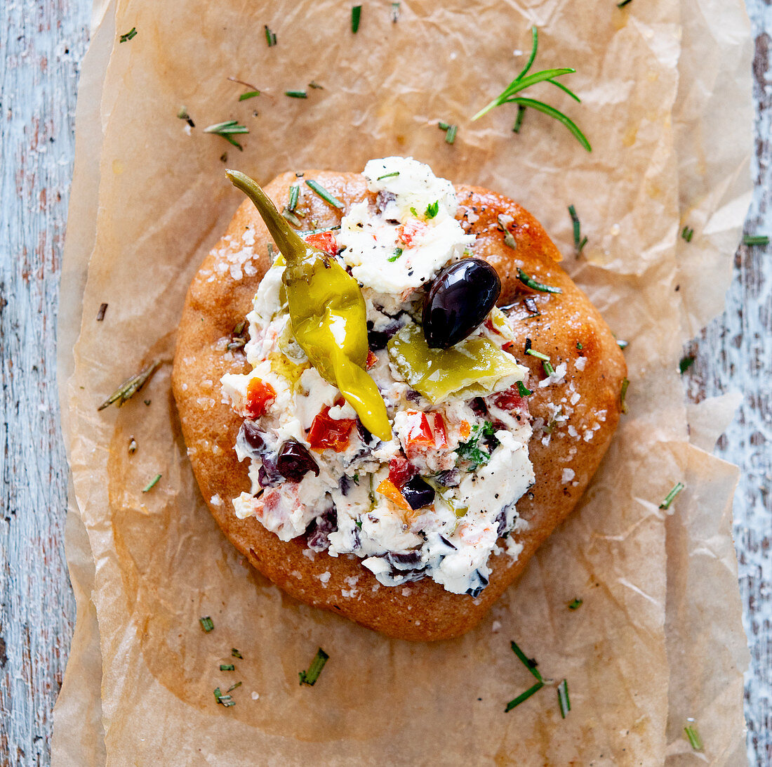 Focaccia with jalapeno and tomato cream cheese spread