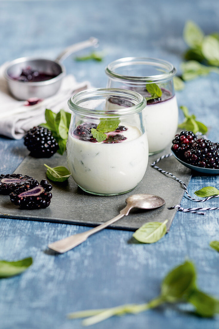 Panna cotta with basil and blackberry sauce (keto cuisine)