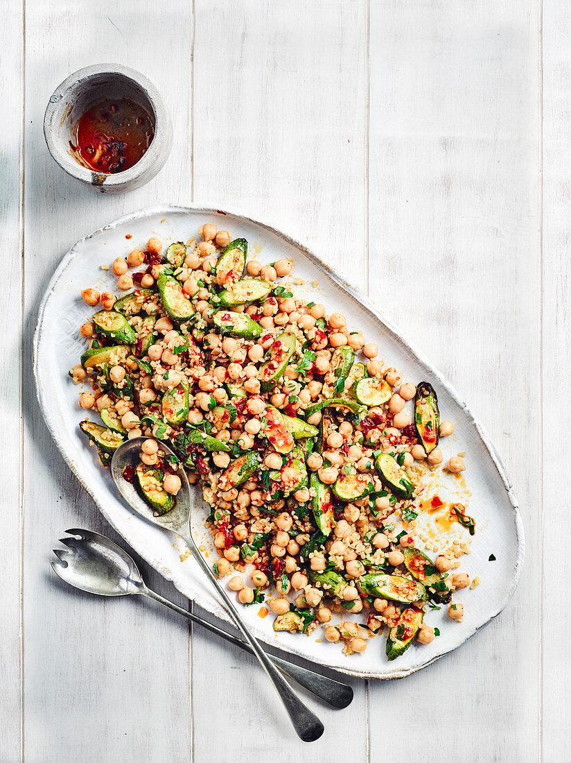 Roasted courgette, chickpea and lemon salad