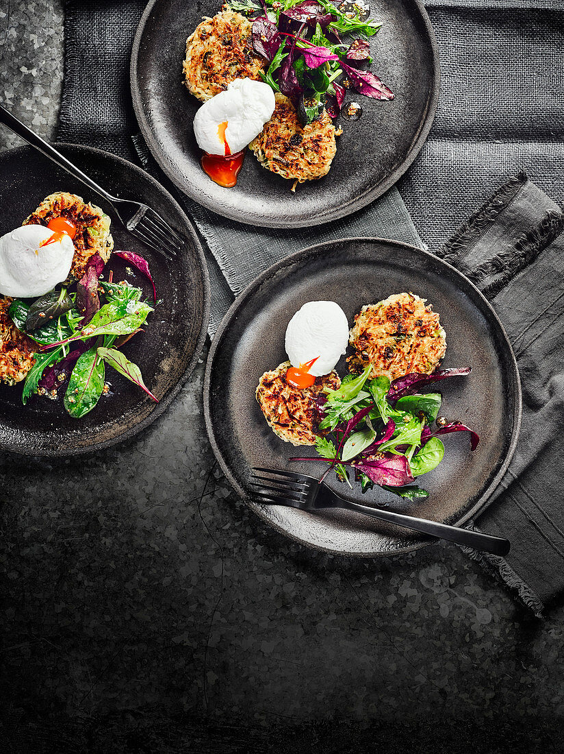 Celeriac and potato rosti with poached eggs