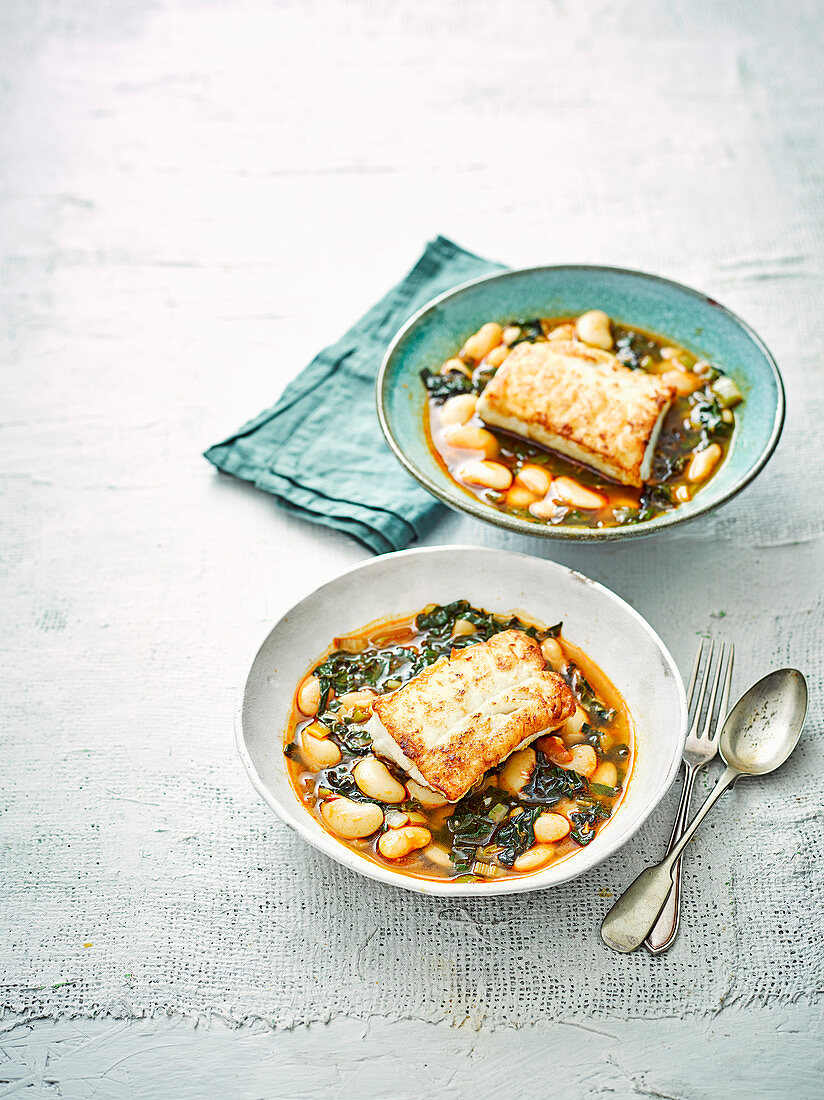 Pan-fried cod with giant beans and chard