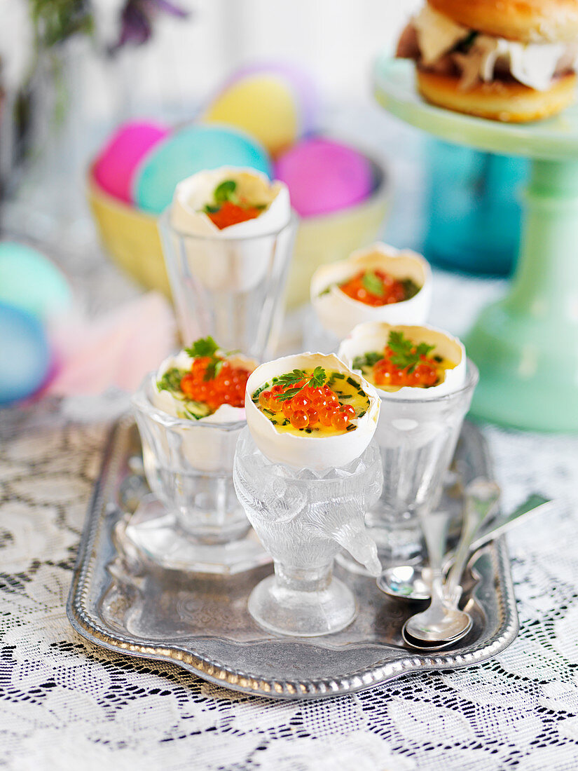 Easter eggs filled with scrambled egg and roe