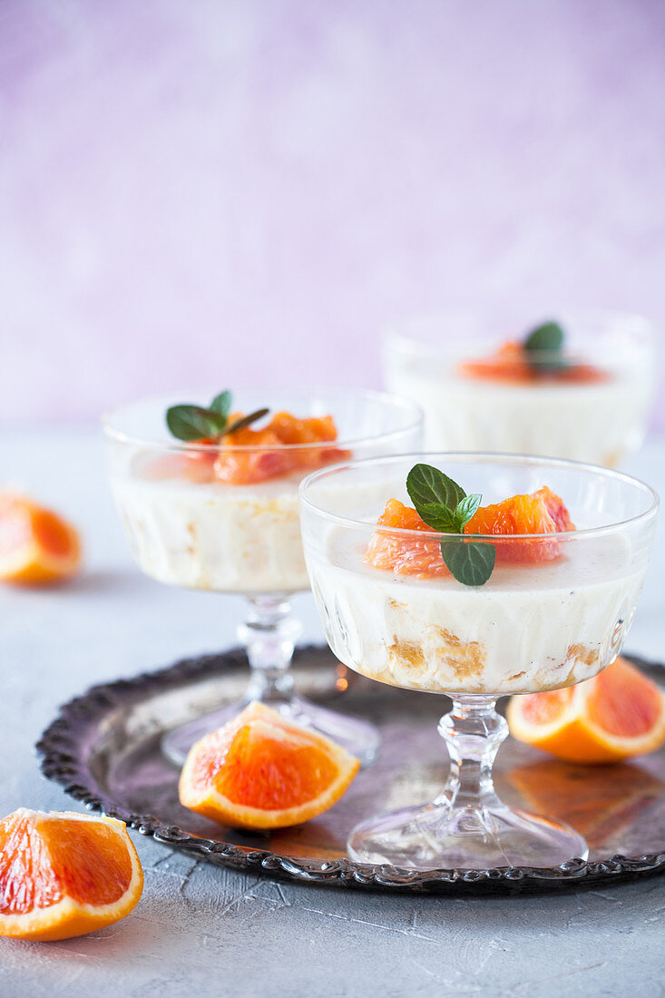 Yogurt pannacotta with blood oranges and mint