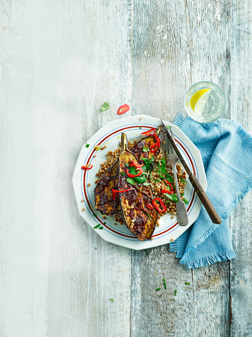 Miso aubergines with giant couscous