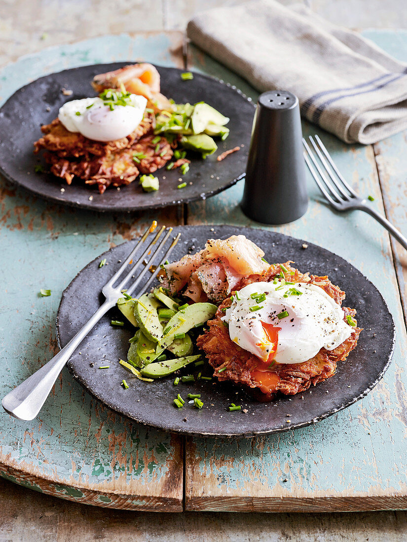 Horseradish latkes with avocado, gravadlax and poached eggs