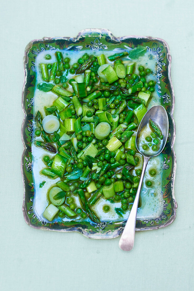 Butter-poached asparagus, leeks and peas