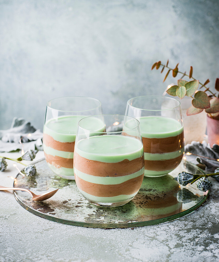 Layered mint chocolate mousse pots