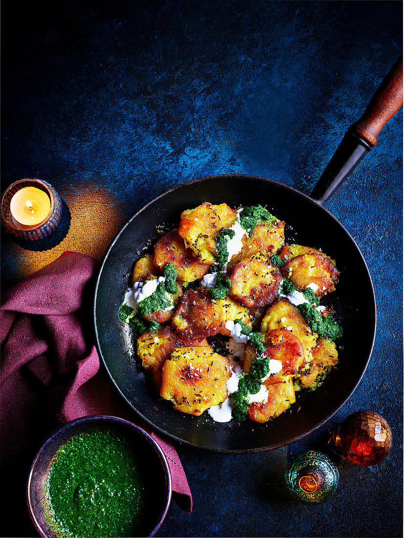 Refried smashed roasties with green harissa and yogurt