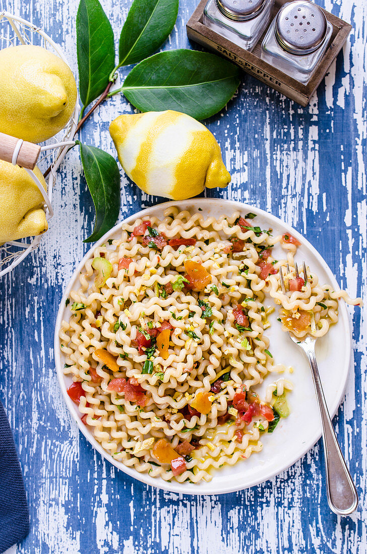 Pasta with bottarga and lemon celery pesto