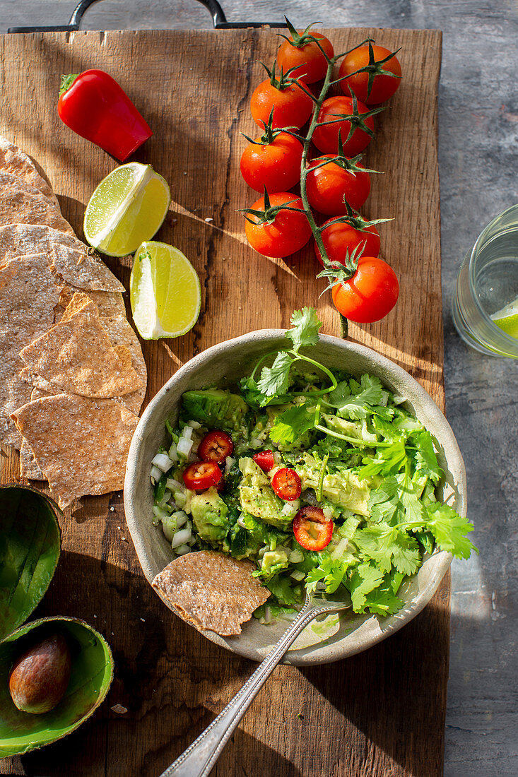 Guacamole mit Chili und Koriander serviert mit Crackern