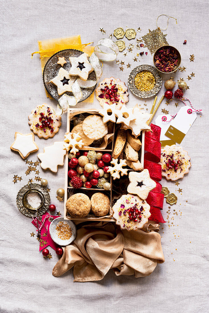 Various Christmas biscuits in a gift box