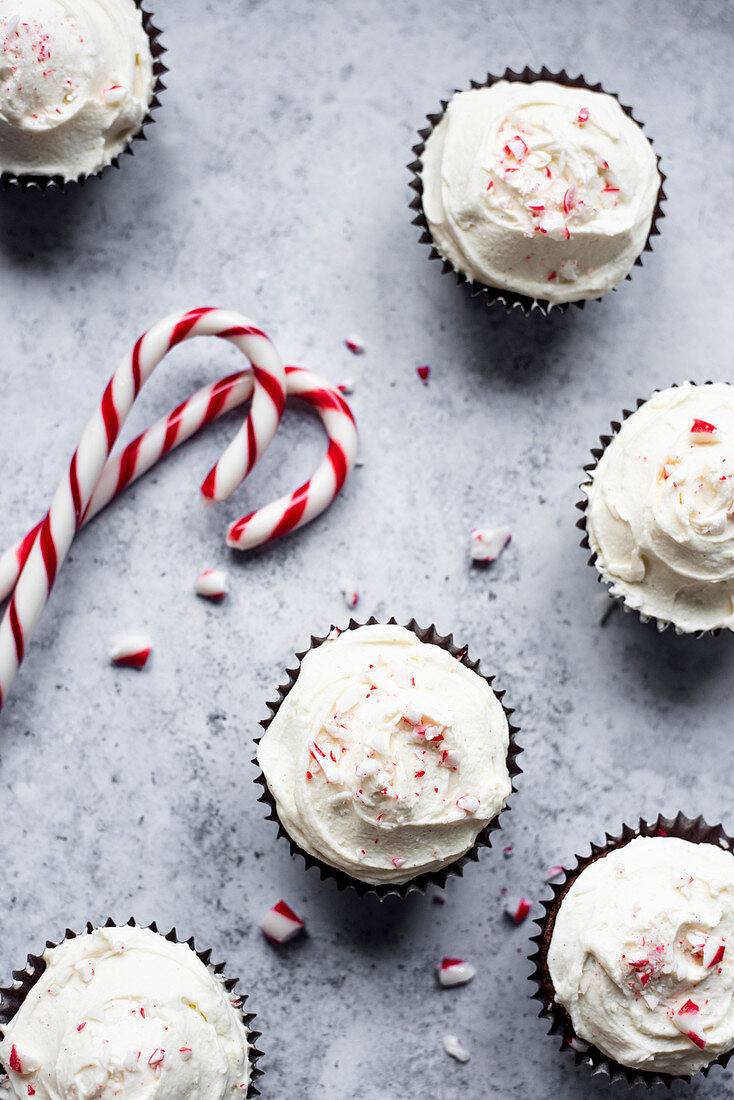 Peppermint chocolate cupcakes with candy cane buttercream frosting