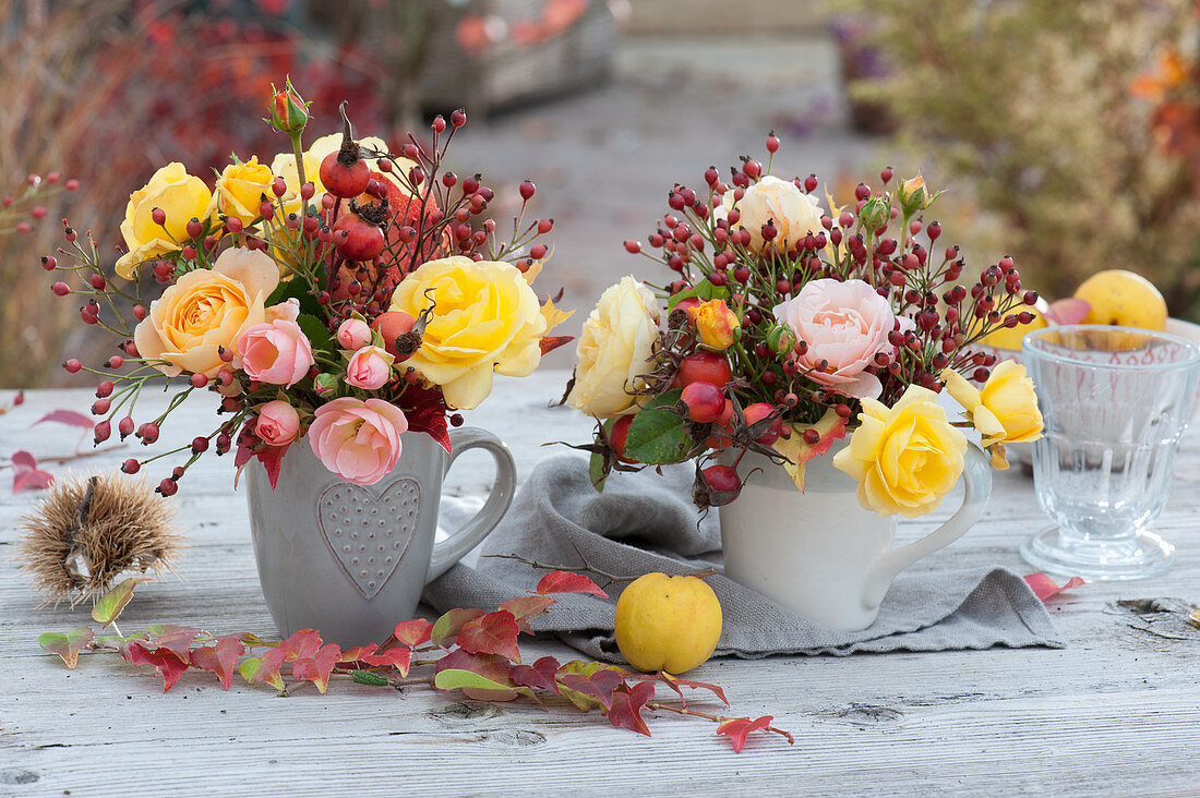 Small bouquets of roses in cups: rose petals, rose hips, decorative quinces and tendrils from the wild wine