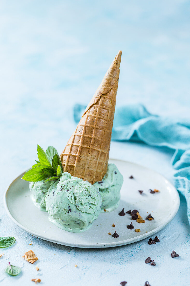 Peppermint ice cream with a cone