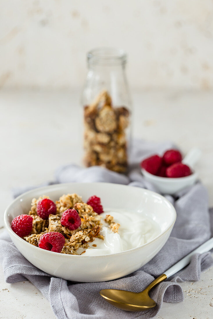 Müsli mit Joghurt und Himbeeren