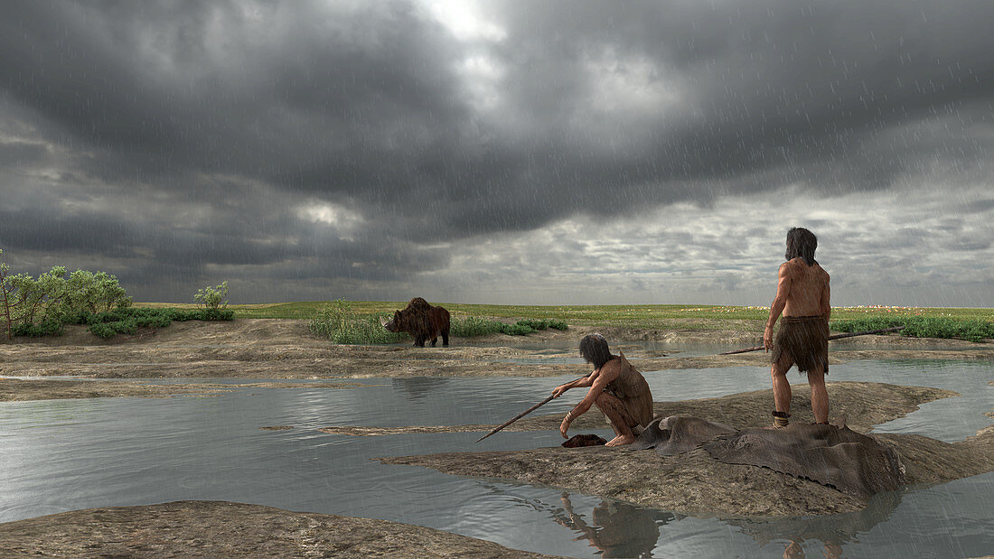Two neanderthals and a woolly rhinoceros, illustration
